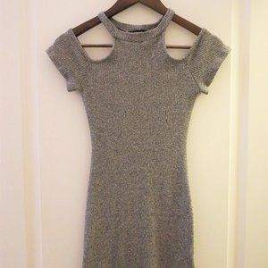 Knitted Ribbed Gray Cold Shoulder Dress